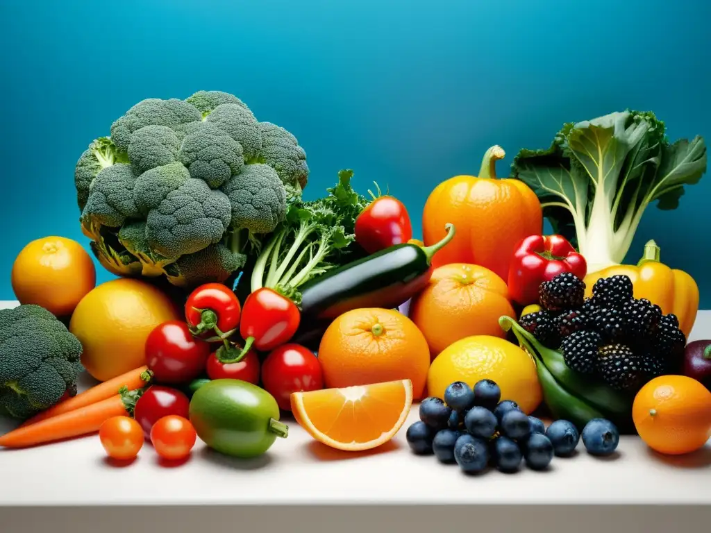 Exquisita variedad de frutas y verduras en un despliegue vibrante Una exquisita exhibición de frutas y verduras coloridas, realzando la vitalidad y la salud con suplementos y vitaminas para sistema inmunológico