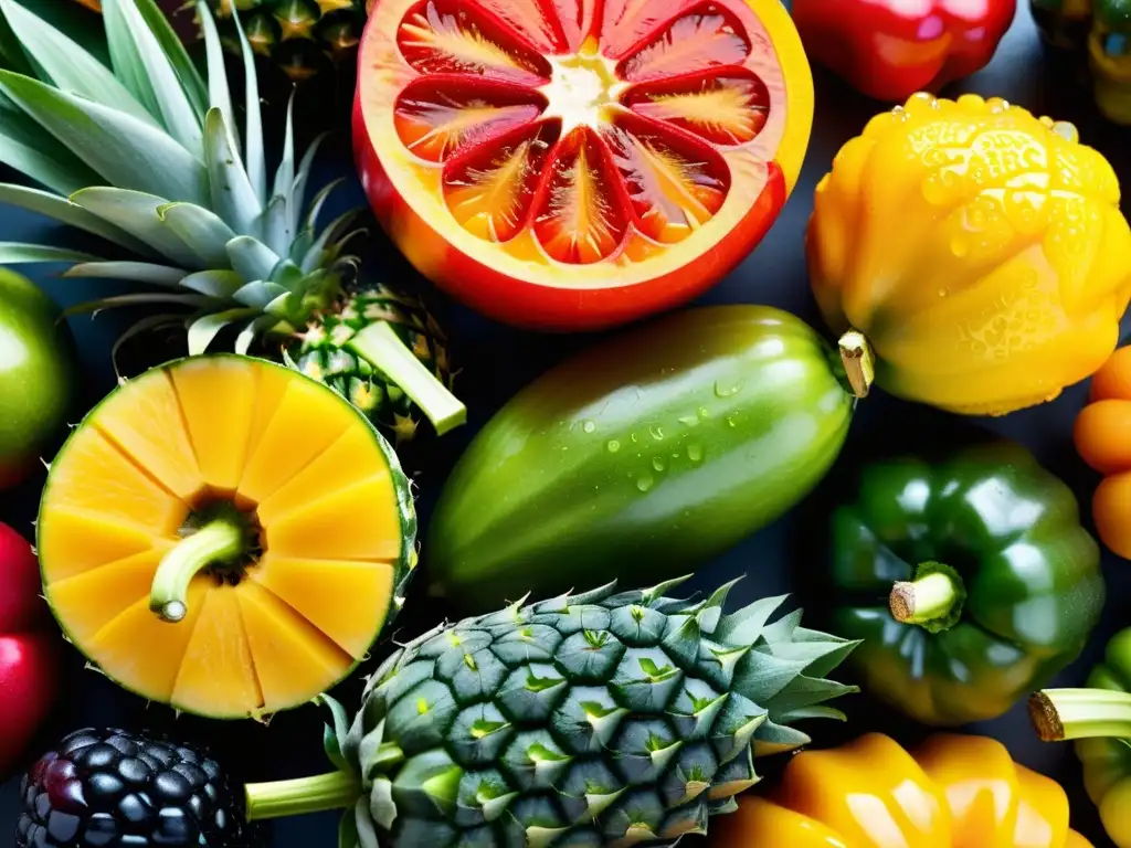 Exquisita frescura: Frutas y verduras vibrantes en alta resolución Una exquisita exhibición de frutas y verduras frescas y vibrantes, evocando salud y nutrición