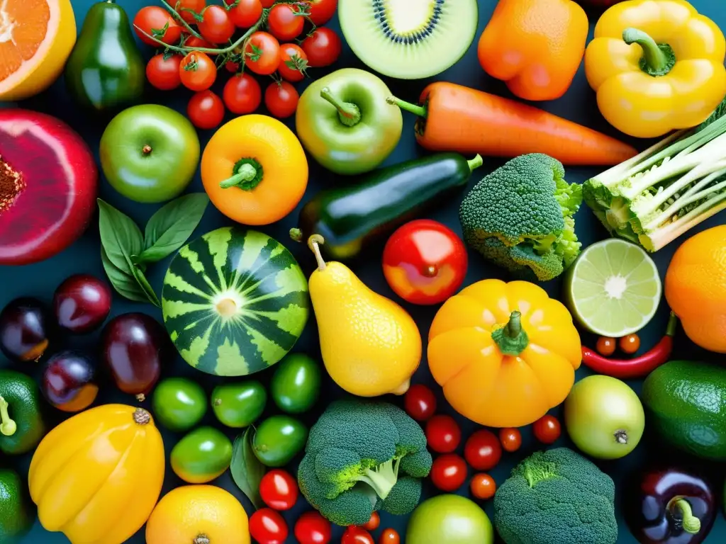 Exquisita variedad de frutas y verduras en alta resolución Una exquisita exhibición de frutas y verduras coloridas resalta los beneficios prebióticos para el sistema inmunológico