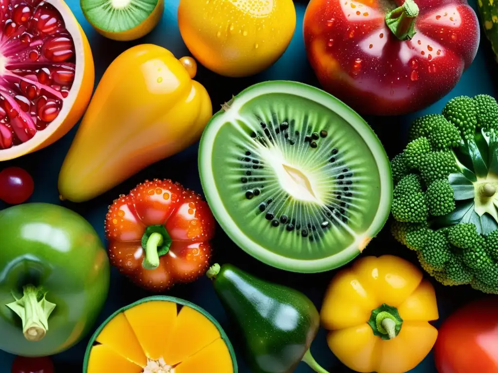 Exquisita frescura: Frutas y verduras vibrantes en detalle Una exquisita exhibición de frutas y verduras frescas con gotas de agua, certificación en nutrición y salud inmune