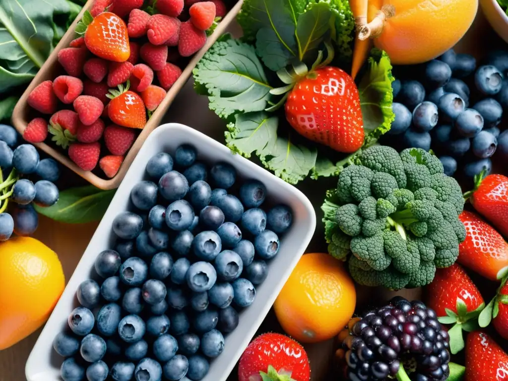 Exposición vibrante de frutas y verduras saludables Una exquisita exhibición de frutas y verduras vibrantes y frescas, resaltando los beneficios de la dieta antiinflamatoria para el sistema inmunológico