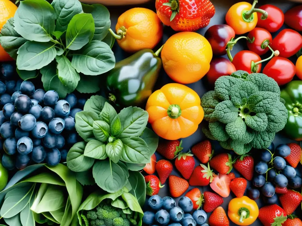Vibrante exhibición de frutas y verduras: frescura y vitalidad Una exquisita exhibición de frutas y verduras, vitalidad y frescura para el sistema inmunológico y el Trastorno Obsesivo Compulsivo