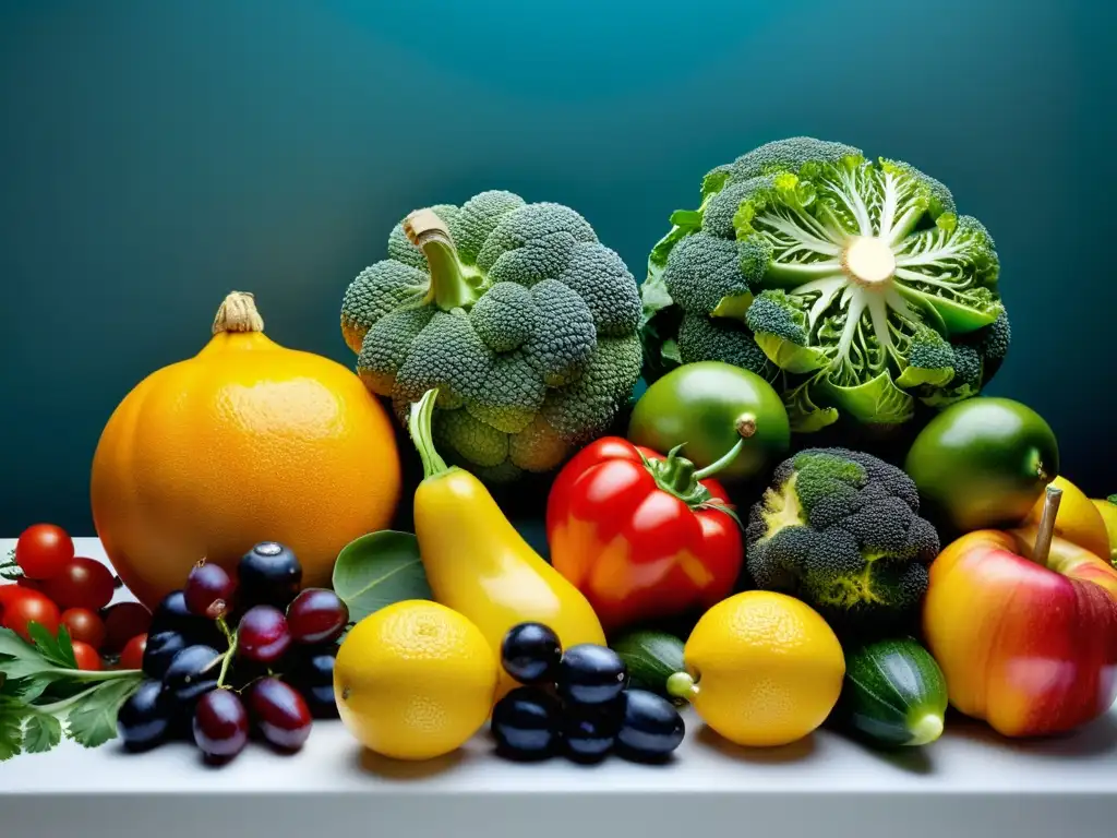 Exquisita exhibición de frutas y verduras frescas Una exquisita exhibición de frutas y verduras frescas, capturando su textura, color y frescura
