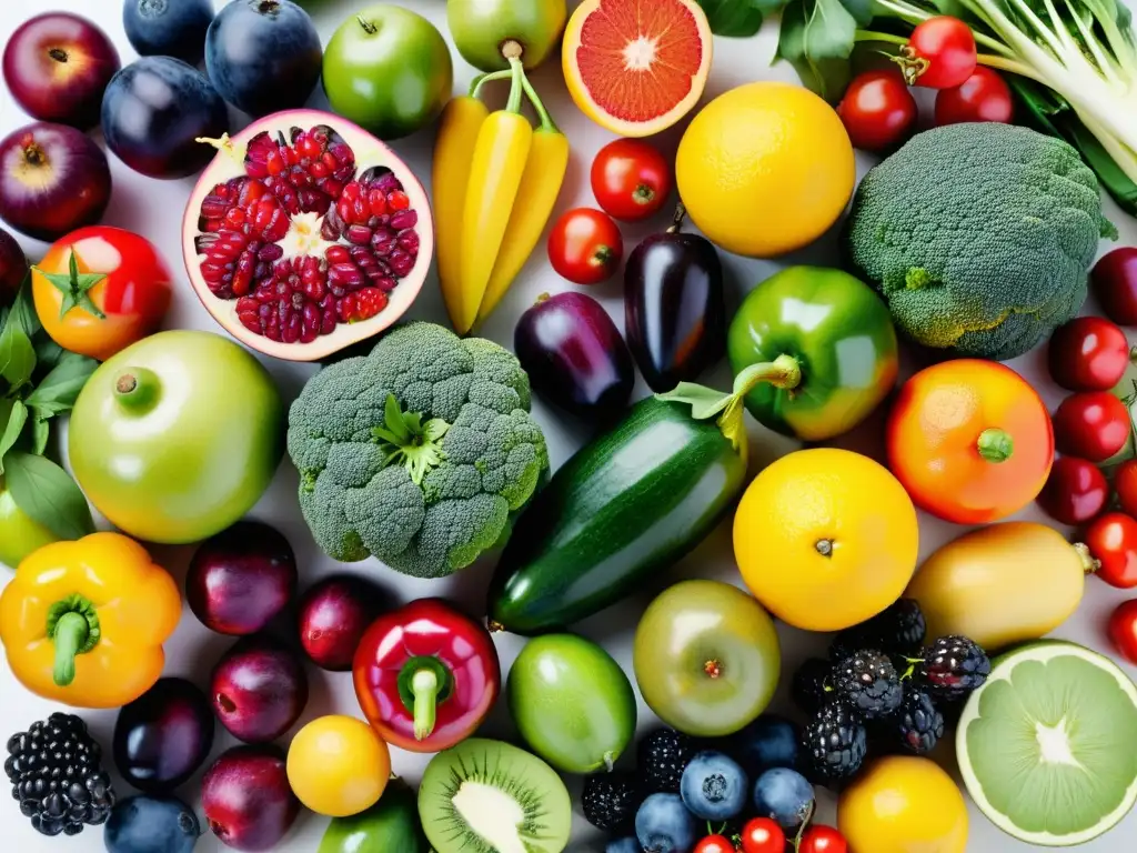 Exquisita variedad de frutas y verduras en alta resolución Una exquisita exhibición de frutas y verduras frescas en vibrantes colores, perfectamente dispuestas