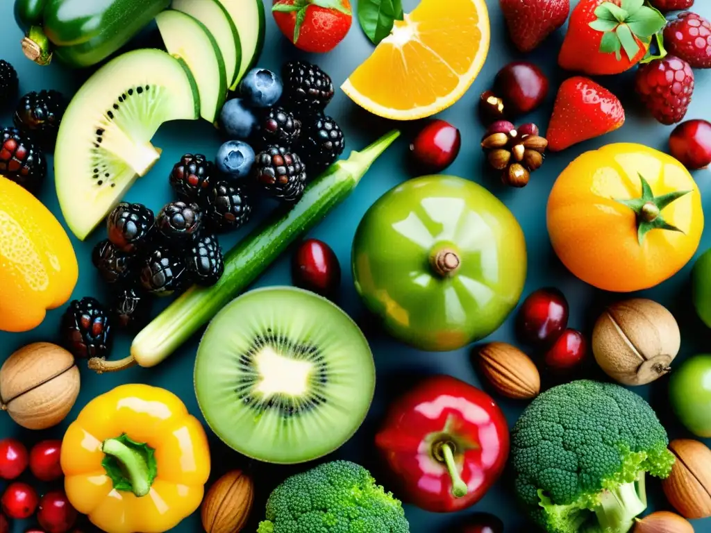 Delicioso y Vibrante Banquete de Frutas, Verduras y Frutos Secos Una exquisita exhibición de frutas, verduras y frutos secos frescos y coloridos, perfecta para fortalecer el sistema inmunológico