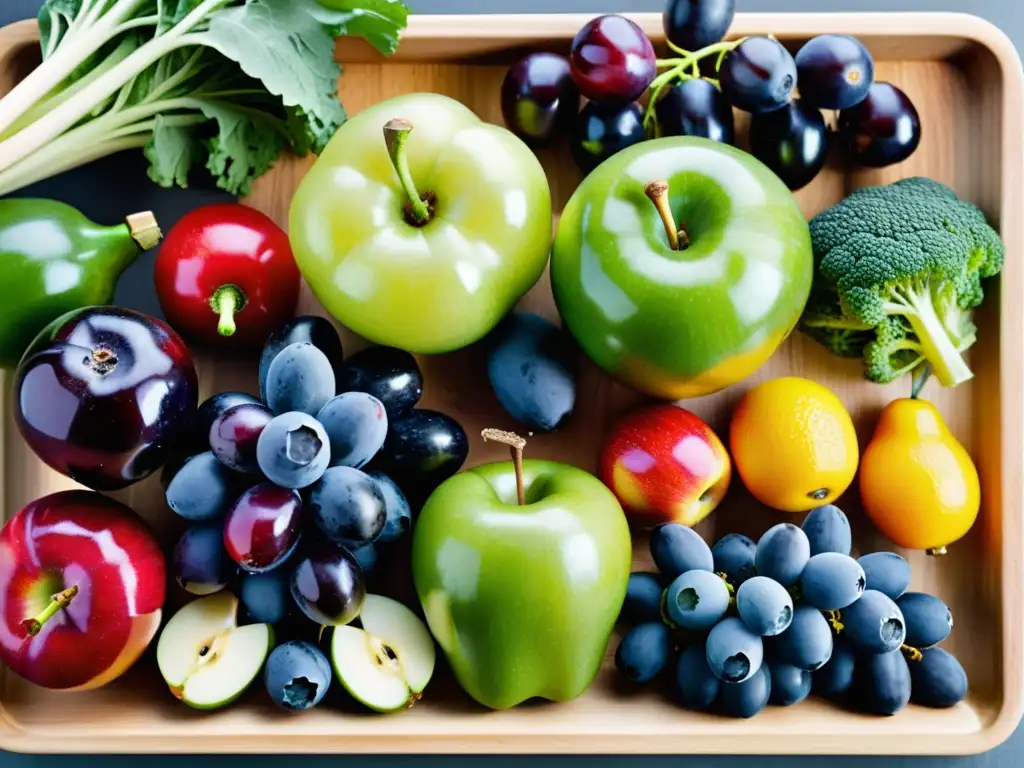 Exquisita variedad de frutas y verduras frescas en tabla de madera Una exquisita exhibición de frutas y verduras frescas en una tabla de cortar de madera, resaltando su belleza natural y variedad
