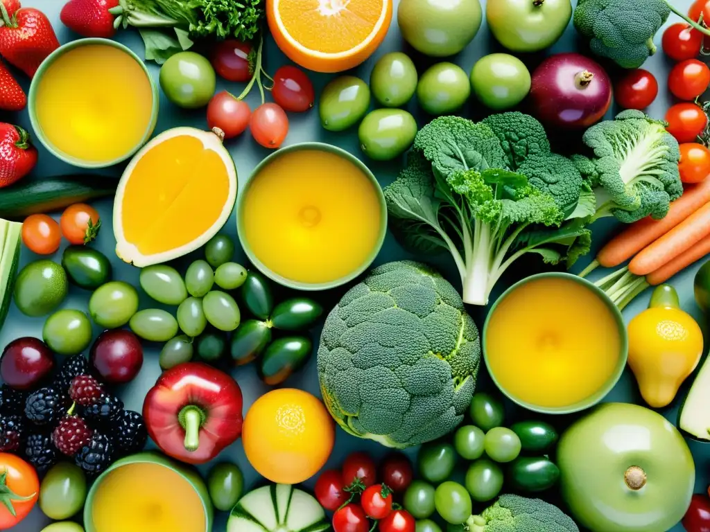 Una exquisita exhibición de frutas y verduras frescas en un patrón vibrante, promoviendo la nutrición personalizada para inmunodeficiencias
