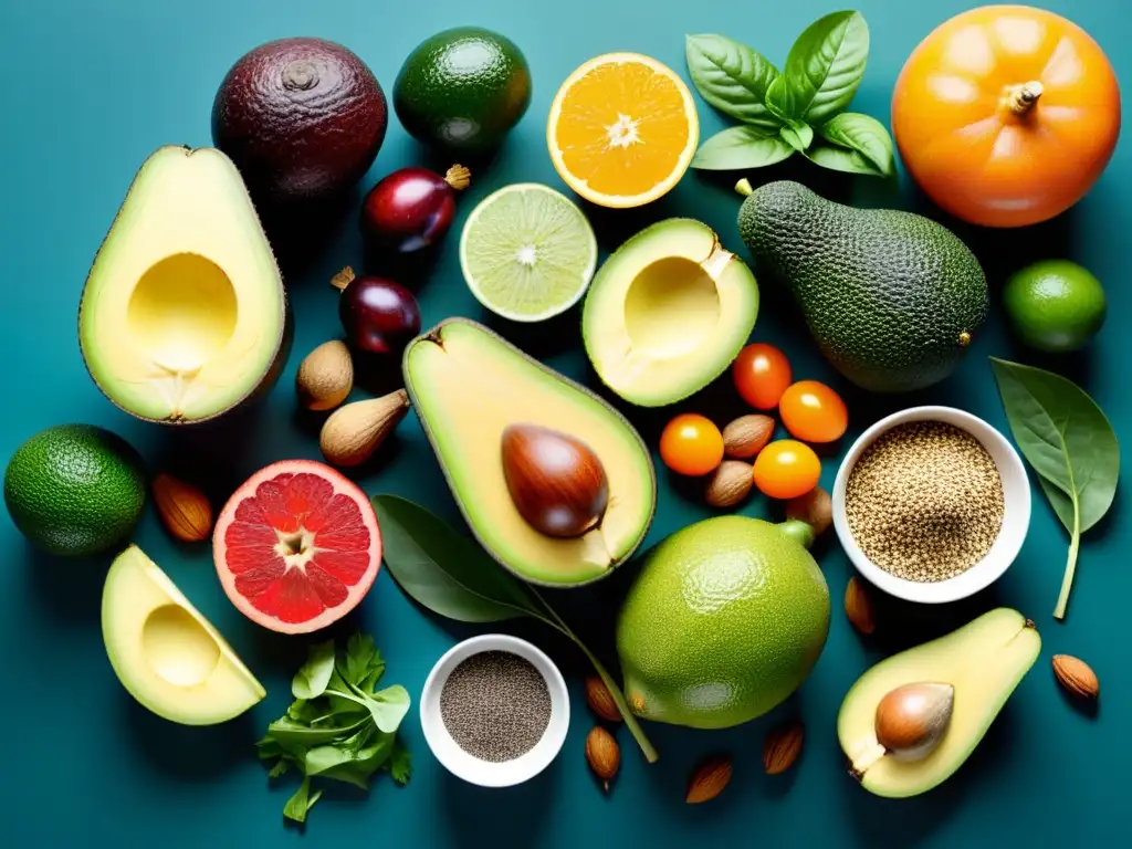 Exquisita variedad de alimentos ricos en ácidos grasos esenciales Una exquisita exhibición de frutas y verduras vibrantes, ricas en ácidos grasos esenciales para fortalecer el sistema inmunológico