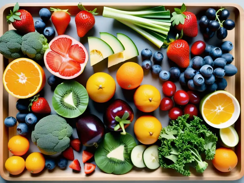 Exquisita mezcla de frutas y verduras en corte ultra detallado Una exquisita exhibición de frutas y verduras frescas en una tabla de cortar de madera, con beneficios de probióticos para sistema inmunológico