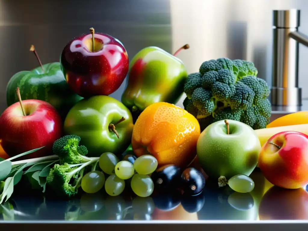 Vibrante muestra de frutas y verduras para una salud equilibrada Una exquisita exhibición de frutas y verduras frescas, resplandeciendo en una cocina moderna