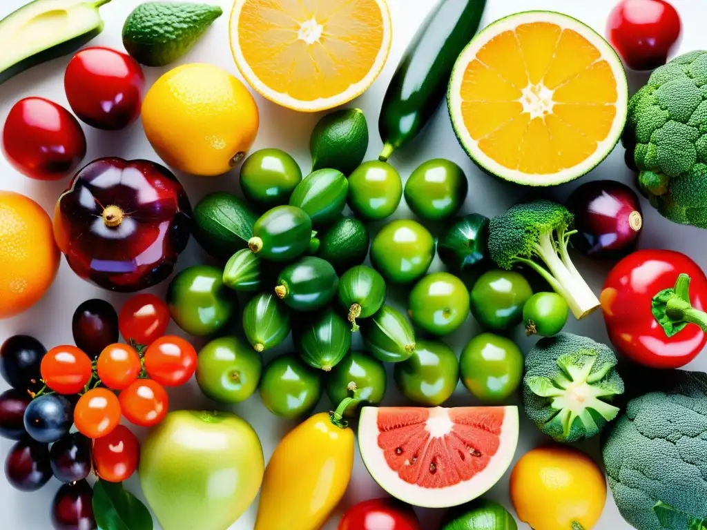 Arcoíris de Frutas y Verduras Frescas: Despliegue Geométrico Una exquisita exhibición de frutas y verduras frescas, vibrantes y coloridas, dispuestas en un patrón geométrico moderno