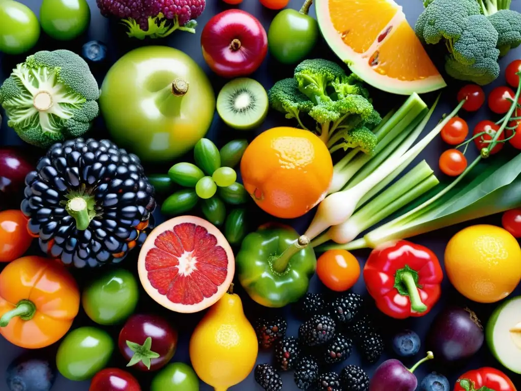 Exquisita exhibición de frutas y verduras: frescura y vitalidad Una exquisita exhibición de frutas y verduras coloridas, resaltando su frescura y calidad