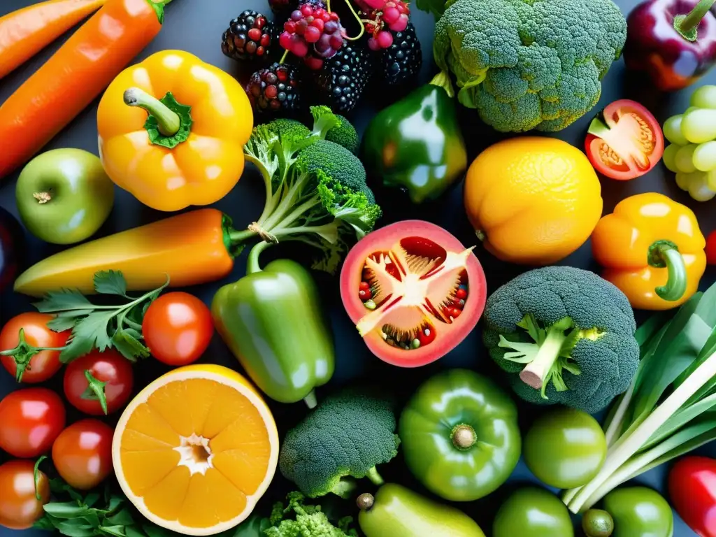 Exquisita variedad de frutas y verduras, un arcoíris de salud Una exquisita exhibición de frutas y verduras coloridas, promoviendo la nutrición para fortalecer el sistema inmunológico