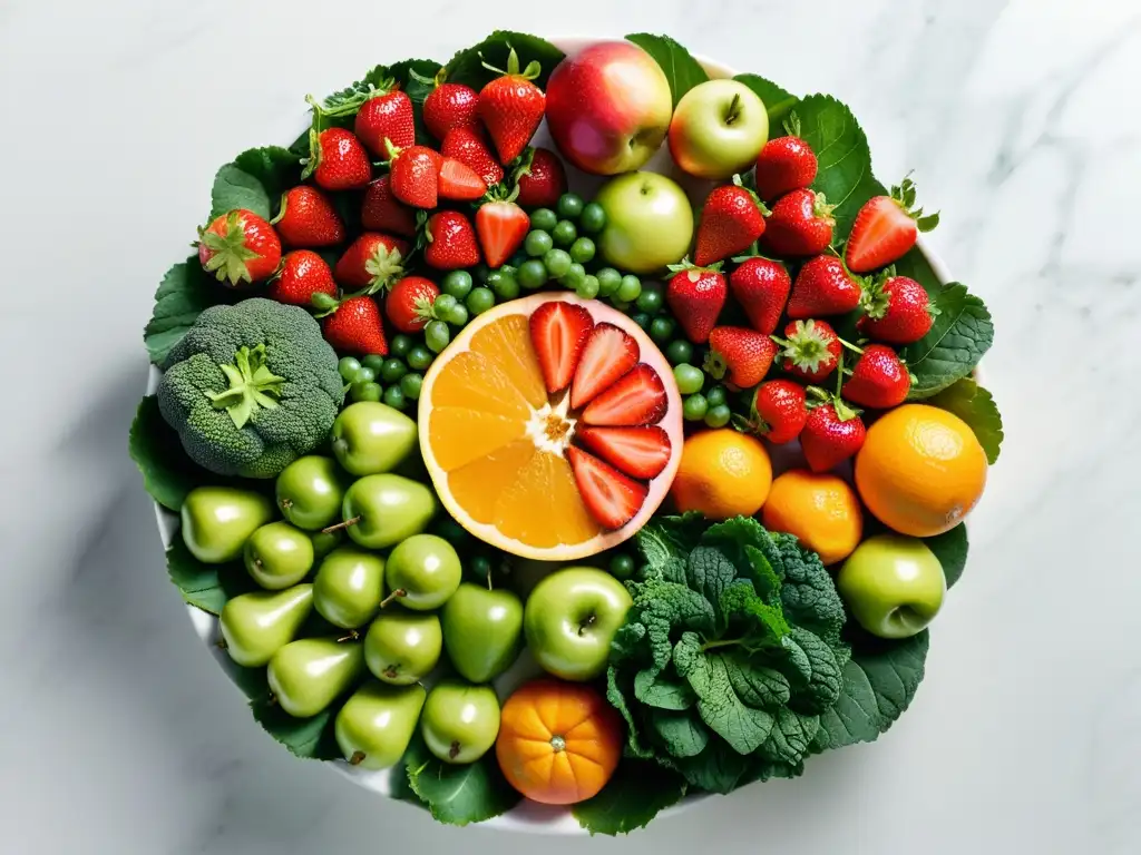 Exuberante diversidad de frutas y verduras en mármol blanco Exquisita exhibición de frutas y verduras frescas en encimera de mármol
