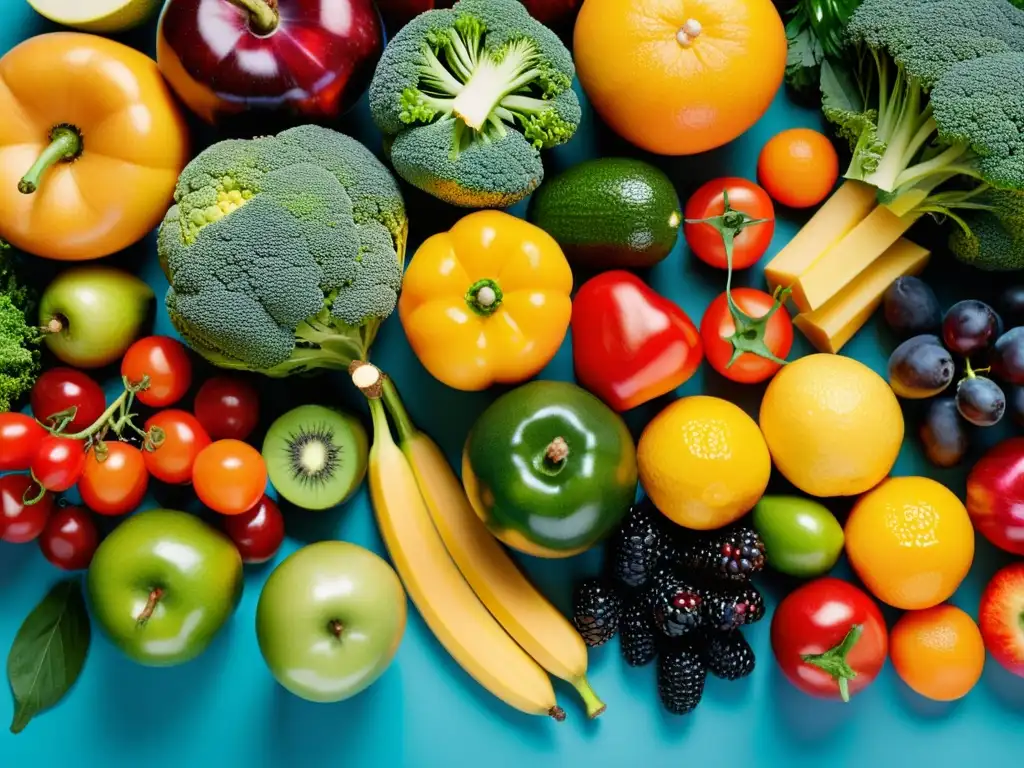 Exquisita exhibición de frutas y verduras, vitalidad y colores