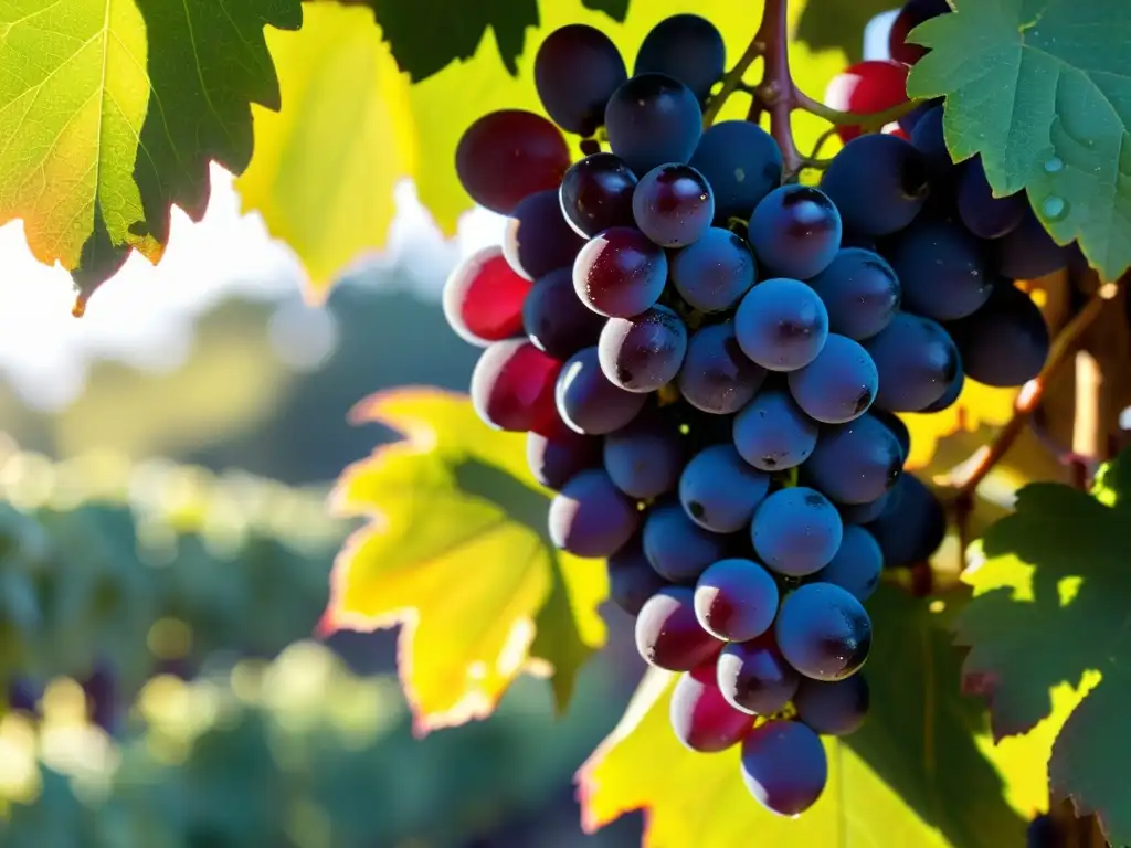 Cluster de uvas maduras con luz dorada y detalle ultrafino Una exquisita imagen de uvas moradas maduras en la vid, bañadas por la cálida luz del sol, con gotas de rocío resplandeciendo en la piel