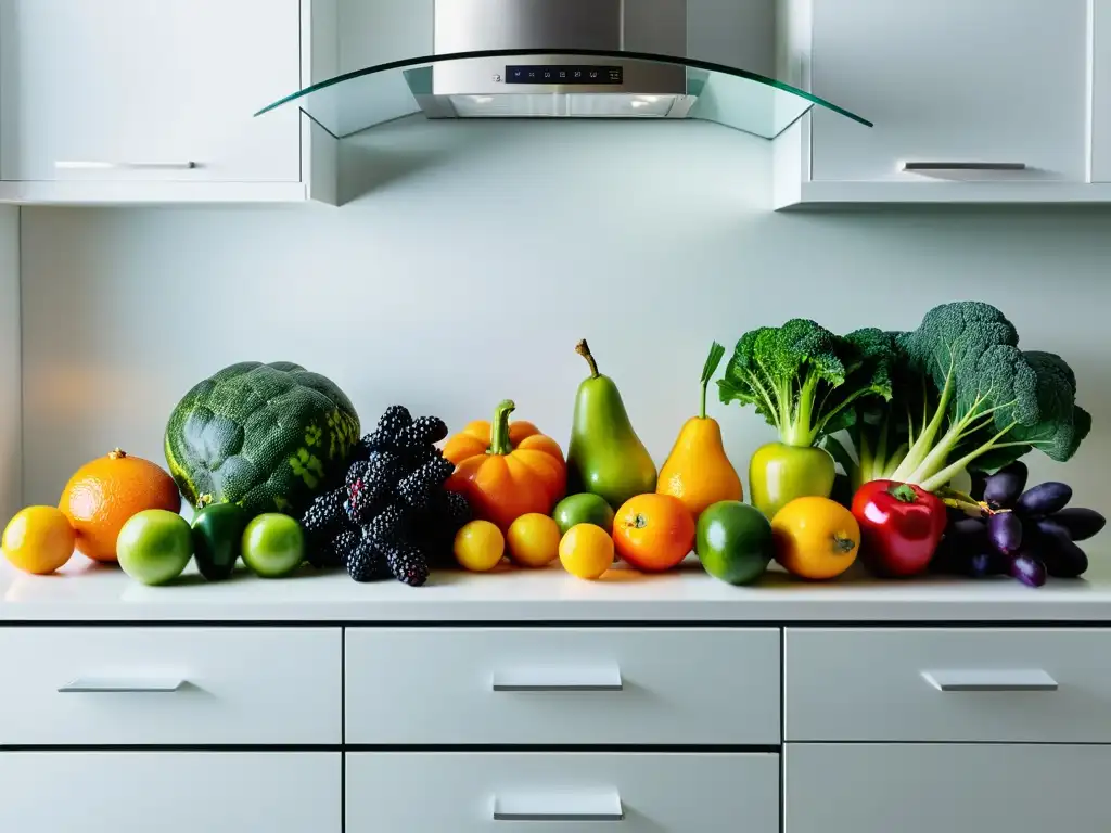 Frescura vibrante: Frutas y verduras en la cocina Una exquisita presentación de frutas y verduras frescas en una cocina moderna, resaltando los beneficios de la desintoxicación alimentaria para el sistema inmunitario