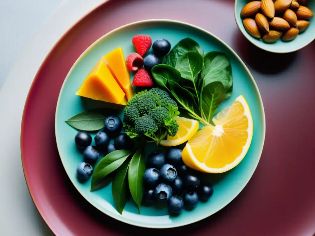 Plato Antiinflamatorio: Colores y Nutrición Una exquisita variedad de alimentos antiinflamatorios frescos y coloridos en un plato moderno y minimalista