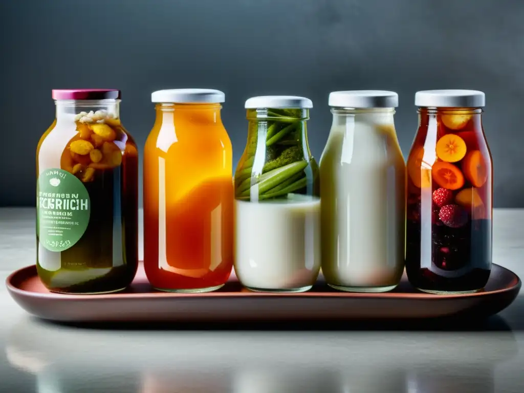Una exquisita variedad de alimentos fermentados coloridos en una elegante bandeja de cerámica, resaltando sus beneficios para el sistema inmunológico