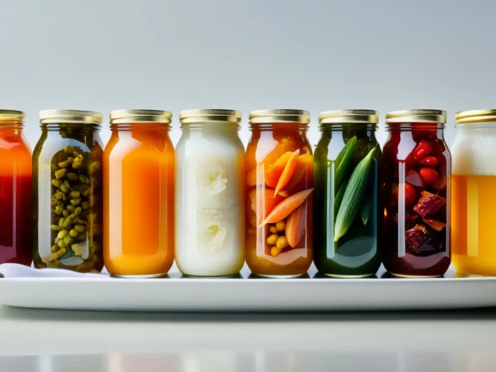 Deliciosas variedades de alimentos fermentados en elegante plato blanco Una exquisita variedad de alimentos fermentados, como kimchi, chucrut, kombucha y kéfir, presentados de forma elegante en un plato blanco
