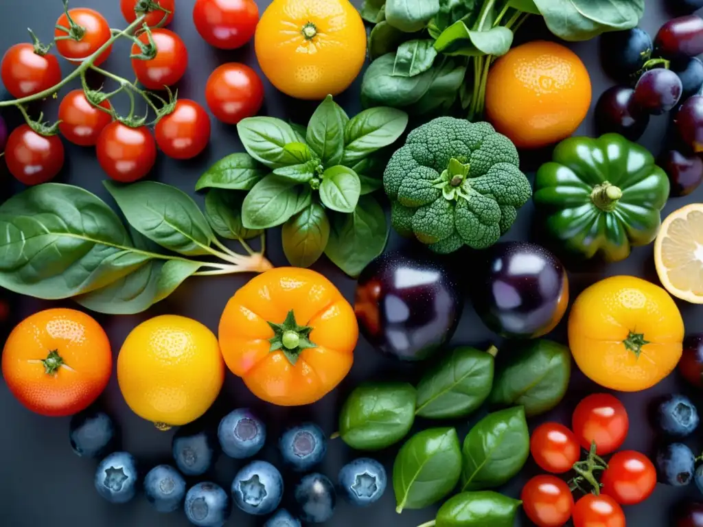 Frescura vibrante: Frutas y verduras de colores intensos Una exquisita variedad de alimentos fortalecedores del sistema inmunológico en una composición simétrica, con colores vibrantes y frescura en cada detalle