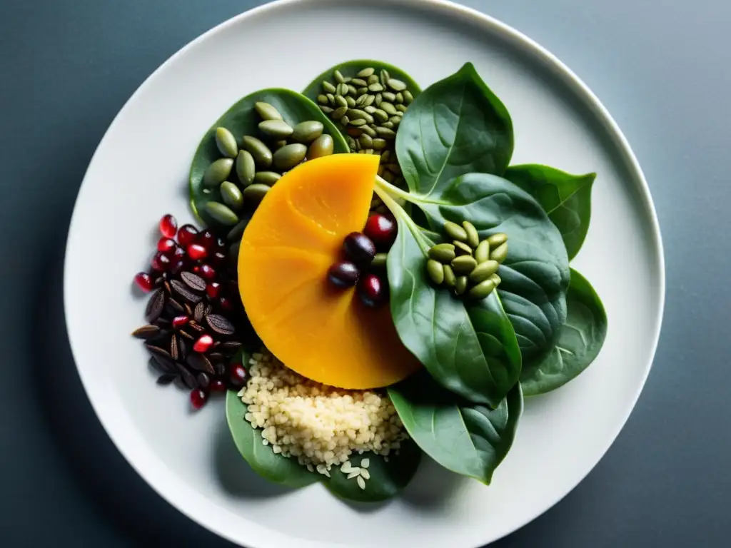 Alimentos saludables en plato blanco: frescura y color Una exquisita variedad de alimentos fortalecedores del sistema inmunológico, como espinacas, semillas de calabaza, lentejas, quinoa, frutos secos y chocolate negro, dispuestos de manera artística en un elegante plato blanco