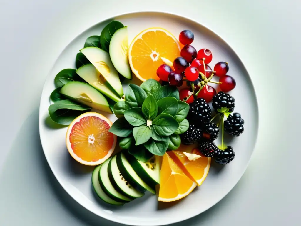 Deliciosa variedad de alimentos saludables en plato blanco Una exquisita variedad de alimentos nutriricos sobre una elegante bandeja blanca