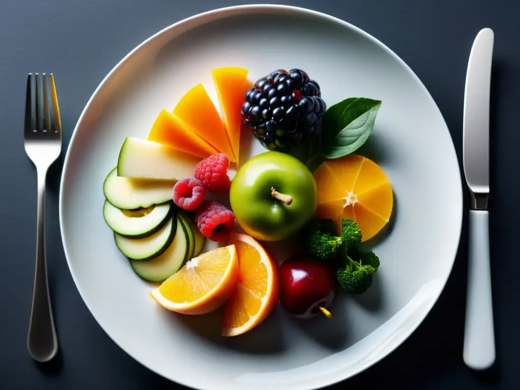 Plato blanco con alimentos prebióticos coloridos Una exquisita variedad de alimentos ricos en prebióticos para perder peso, dispuestos en un elegante plato blanco sobre un fondo oscuro