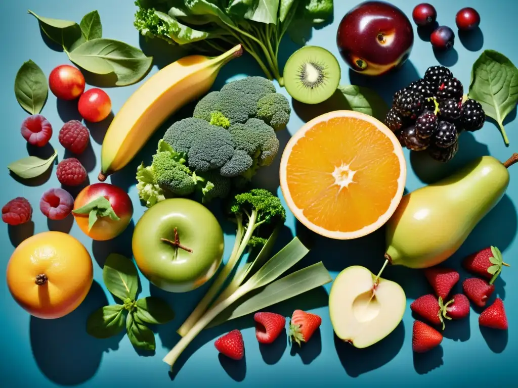 Delicioso banquete saludable: frutas, verduras y alimentos vibrantes Una exquisita variedad de alimentos saludables y coloridos, promoviendo la nutrición y obesidad sistema inmunológico