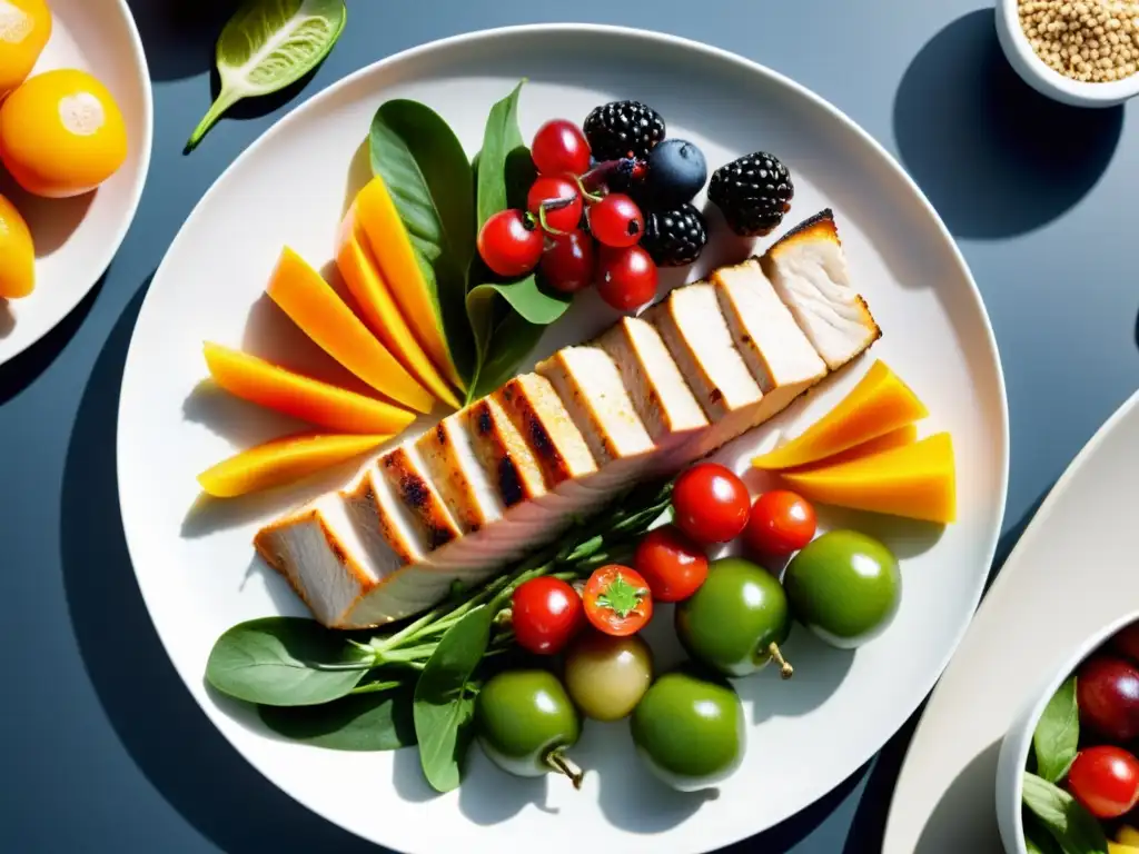 Plato de alimentos vibrantes: frutas, verduras y proteínas Una exquisita variedad de alimentos vibrantes y nutrientes en un elegante plato blanco