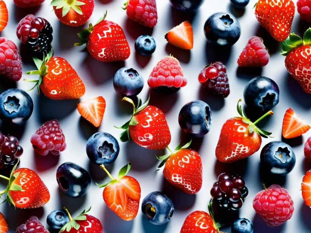Exquisita explosión de antioxidantes: bayas y frutas vibrantes Una exquisita variedad de bayas y frutas coloridas, resplandecientes y frescas, dispuestas de forma cautivadora