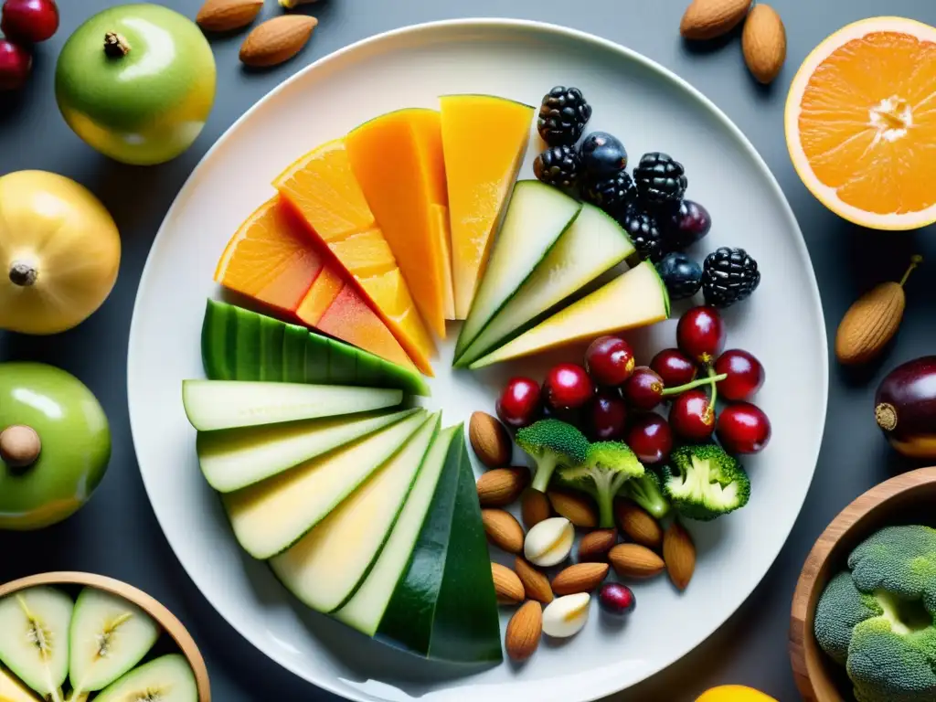 Vibrante variedad de frutas, nueces y verduras en plato blanco Una exquisita variedad de frutas, nueces y verduras en un plato blanco moderno