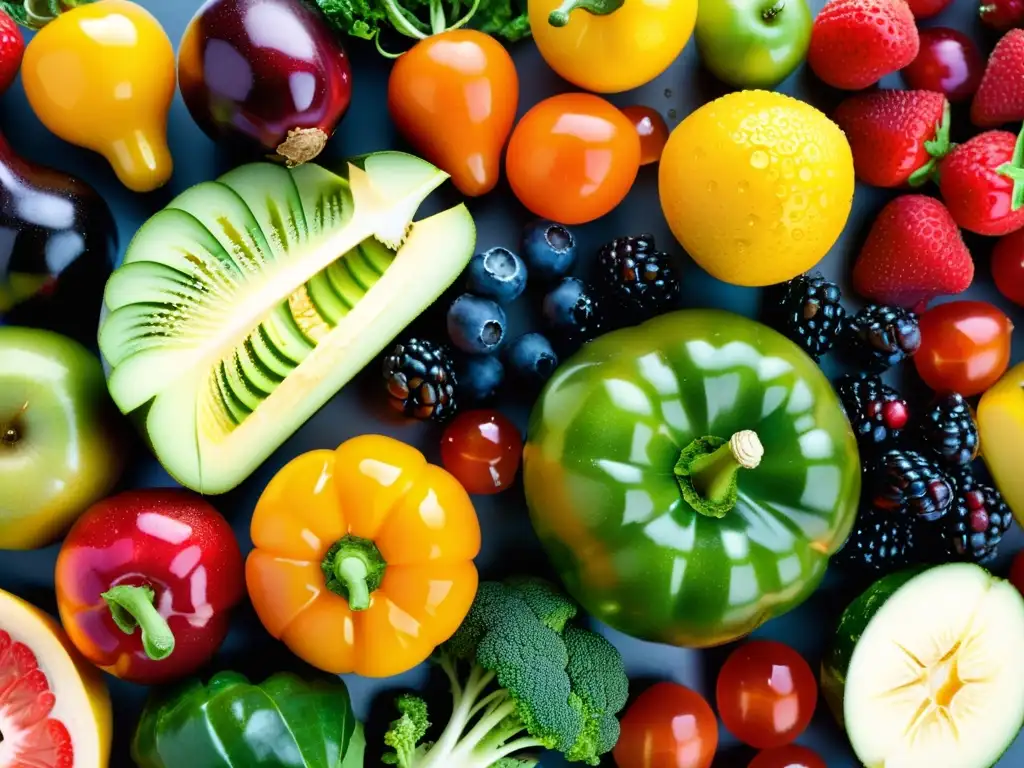 Exquisita exhibición de frutas y verduras frescas en primer plano Una exquisita variedad de frutas y verduras coloridas y frescas, goteando agua