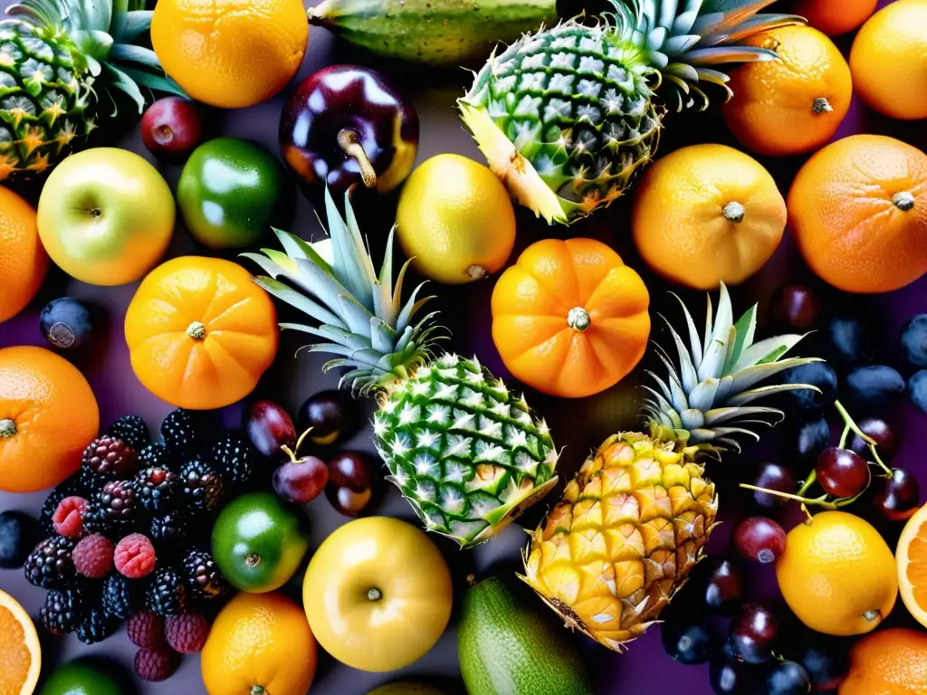 Exquisita variedad de frutas y verduras en detalle Una exquisita variedad de frutas y verduras coloridas dispuestas en círculo, con tonos vibrantes y texturas tentadoras