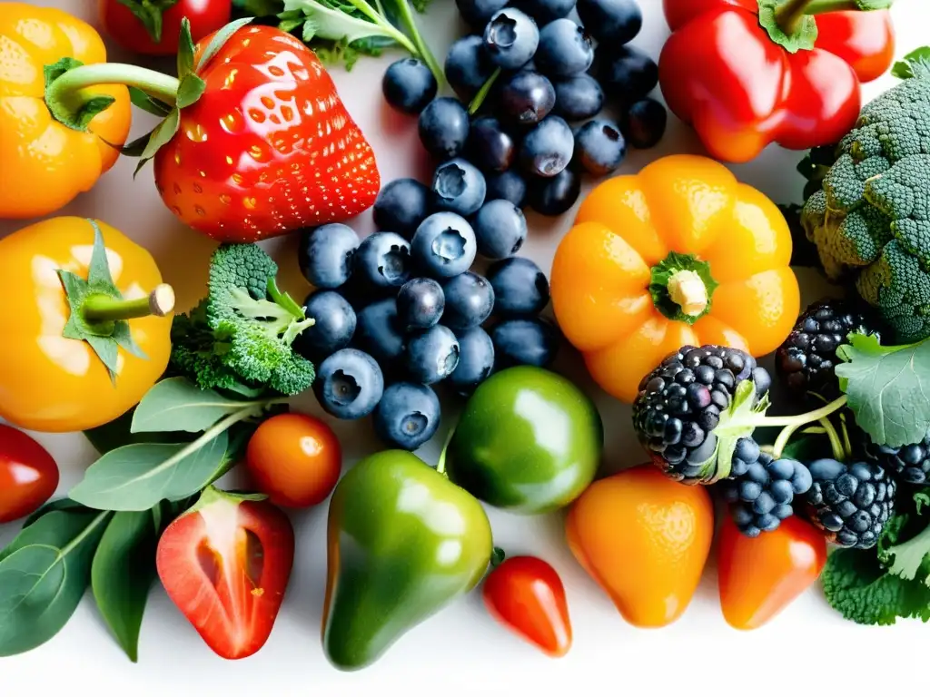 Vibrante variedad de frutas y verduras en cocina moderna Una exquisita variedad de frutas y verduras frescas, con colores vibrantes, sobre una encimera moderna