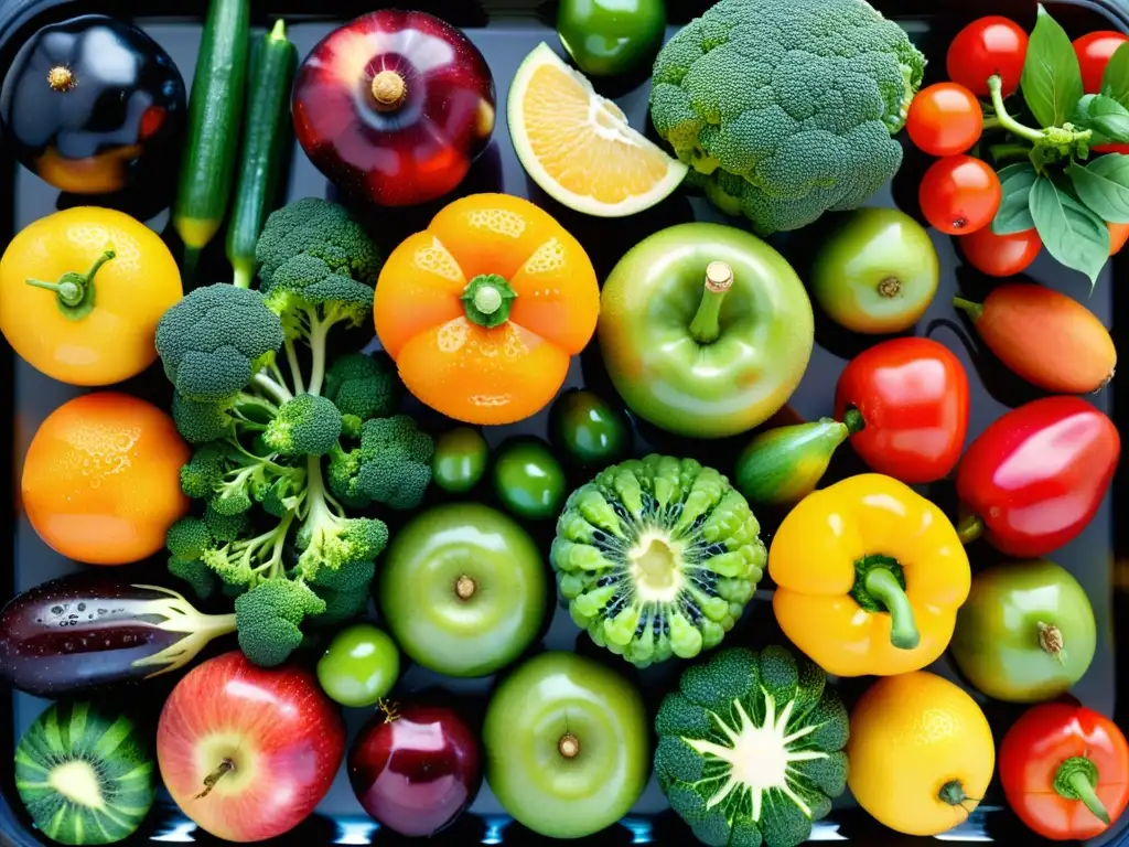 Una exquisita variedad de frutas y verduras frescas, con colores vibrantes y texturas detalladas