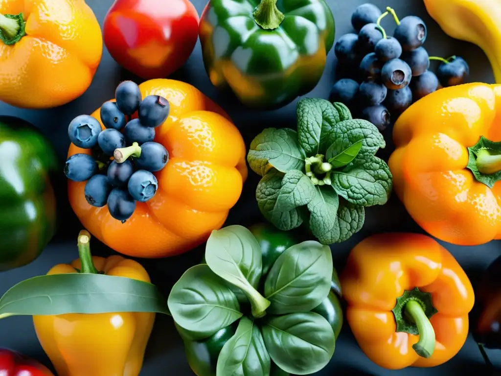 Arreglo vibrante de frutas y verduras frescas Una exquisita variedad de frutas y verduras frescas dispuestas con equilibrio