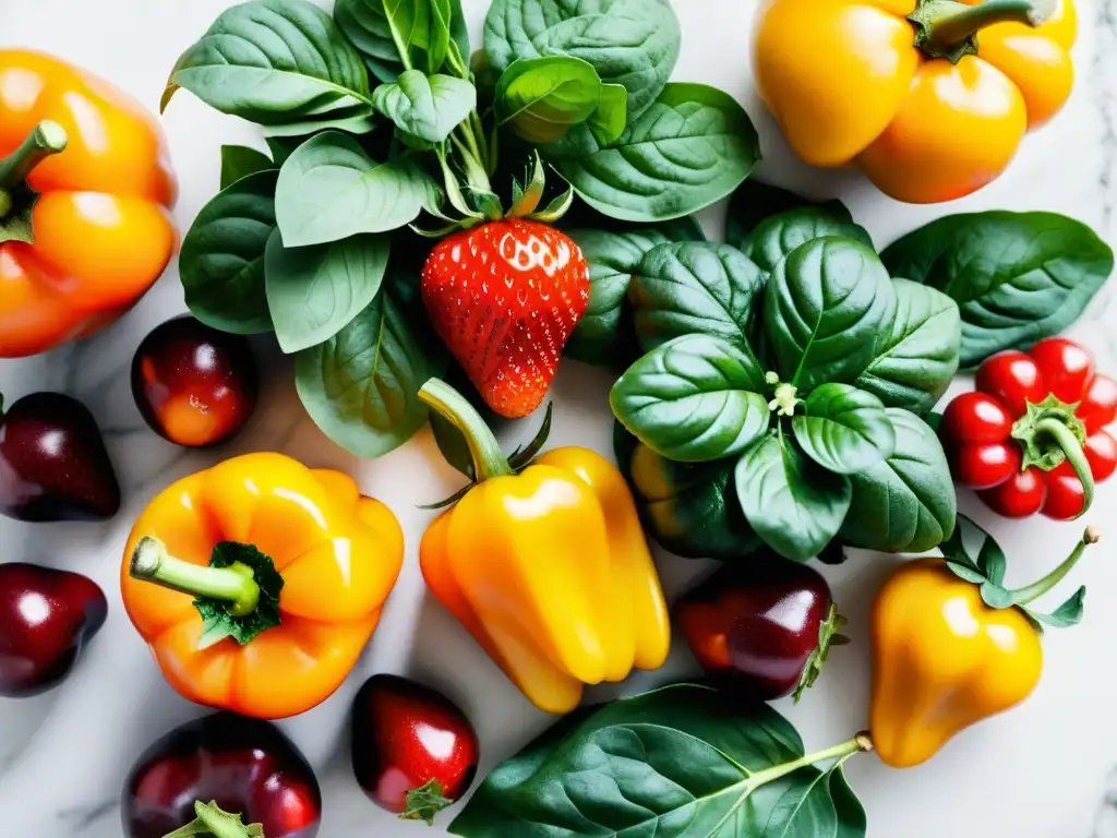 Exquisita variedad de frutas y verduras en mármol blanco Una exquisita variedad de frutas y verduras frescas en un mostrador de mármol blanco