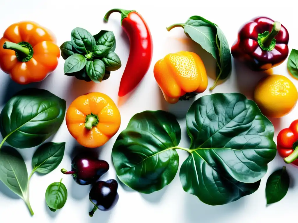 Una exquisita variedad de frutas y verduras frescas, resplandecientes y apetitosas, dispuestas de forma artística