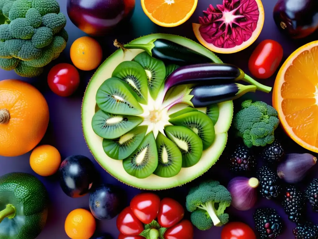 Una exquisita variedad de frutas y verduras frescas, con colores vibrantes y detalles nítidos