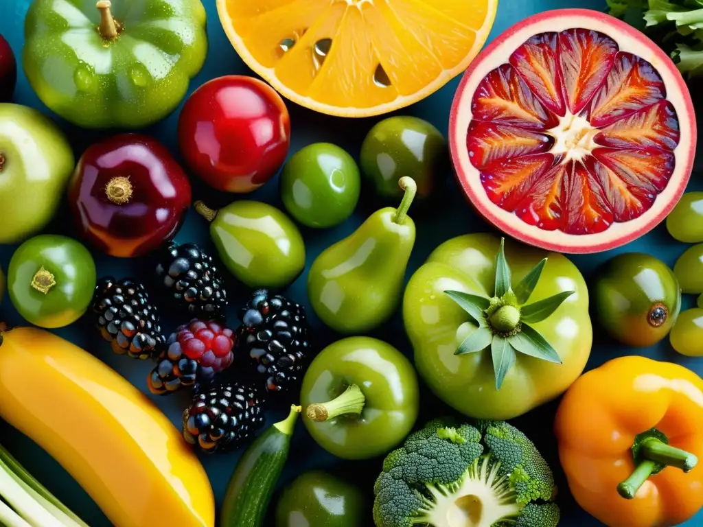 Frescura y color: Frutas y verduras vibrantes en alta resolución Una exquisita variedad de frutas y verduras frescas, vibrantes y coloridas, con detalles nítidos y colores ricos
