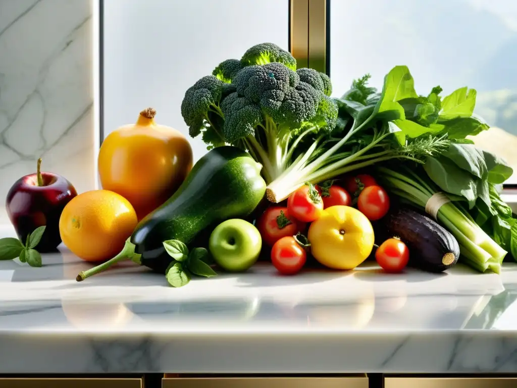 Exuberante variedad de frutas, verduras y hierbas en mármol Una exquisita variedad de frutas, verduras y hierbas frescas se exhibe en una encimera de mármol, bañada por la cálida luz del sol