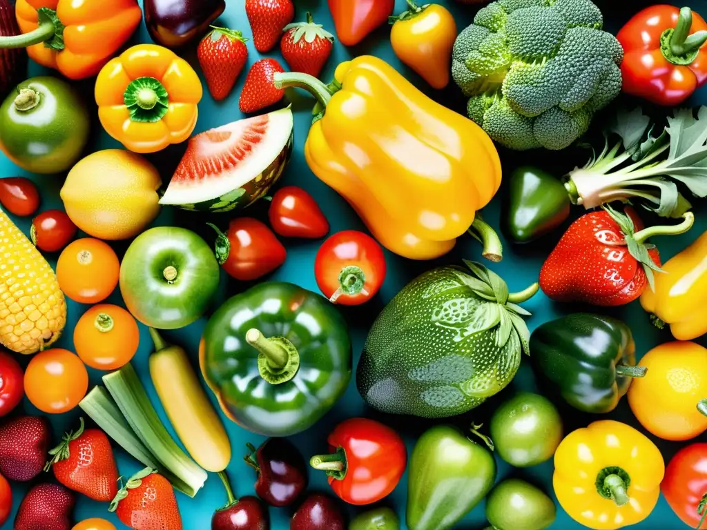 Patrón de Frutas y Verduras Frescas: Detalles Coloridos Una exquisita variedad de frutas y verduras frescas, organizadas meticulosamente en un patrón visualmente impactante