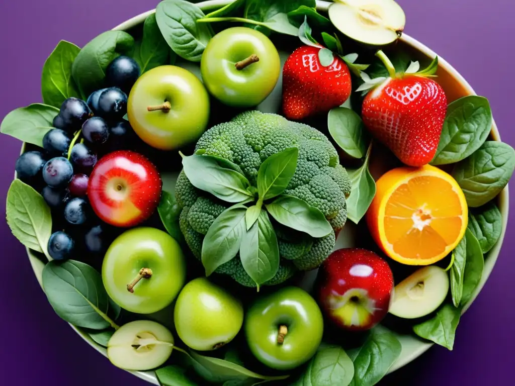 Arcoíris de Frutas y Verduras Frescas Una exquisita variedad de frutas y verduras frescas, dispuestas en círculo