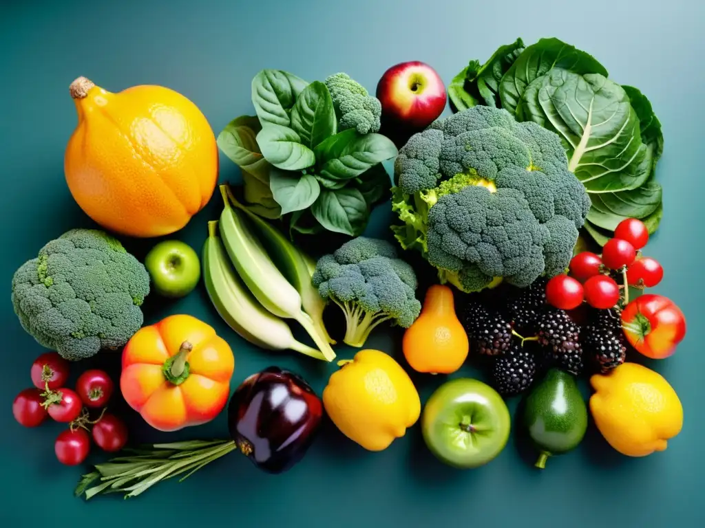 Vibrante exhibición de frutas y verduras frescas Una exquisita variedad de frutas y verduras frescas, organizadas con detalle