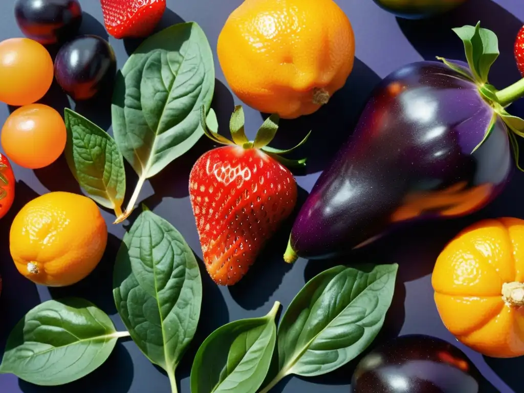 Exuberante variedad de frutas y verduras frescas Una exquisita variedad de frutas y verduras frescas, destacando su color, textura y vitalidad