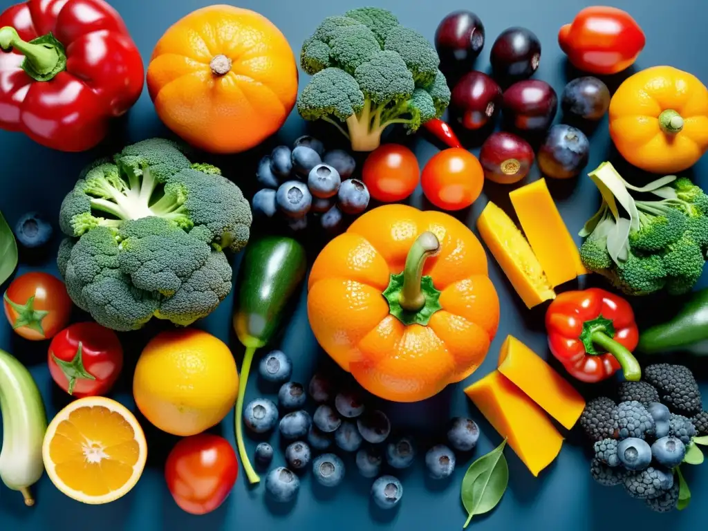 Vibrante variedad de frutas y verduras ultra detalladas Una exquisita variedad de frutas y verduras vibrantes, con detalles meticulosos y colores vivos