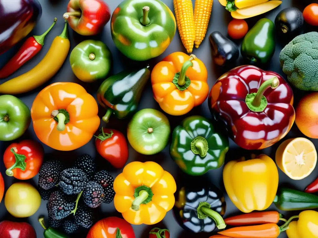 Patrón vibrante de frutas y verduras: detalle asombroso Una exquisita variedad de frutas y verduras coloridas, dispuestas en un patrón visualmente impactante