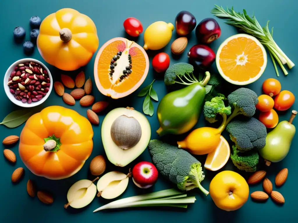 Exquisita exhibición de alimentos saludables y coloridos Una exquisita variedad de frutas, verduras, frutos secos y semillas, muestra la vitalidad y la riqueza de la nutrición deportiva para sistema inmune