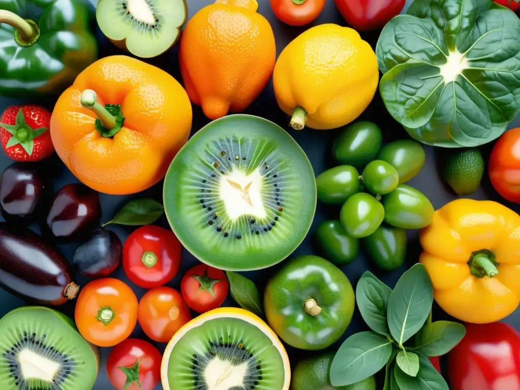 Patrón vibrante de frutas y verduras: inmunidad y bienestar Una exquisita variedad de frutas y verduras coloridas, con detalles sorprendentes que fortalecen el sistema inmunológico ante resfriados y gripes